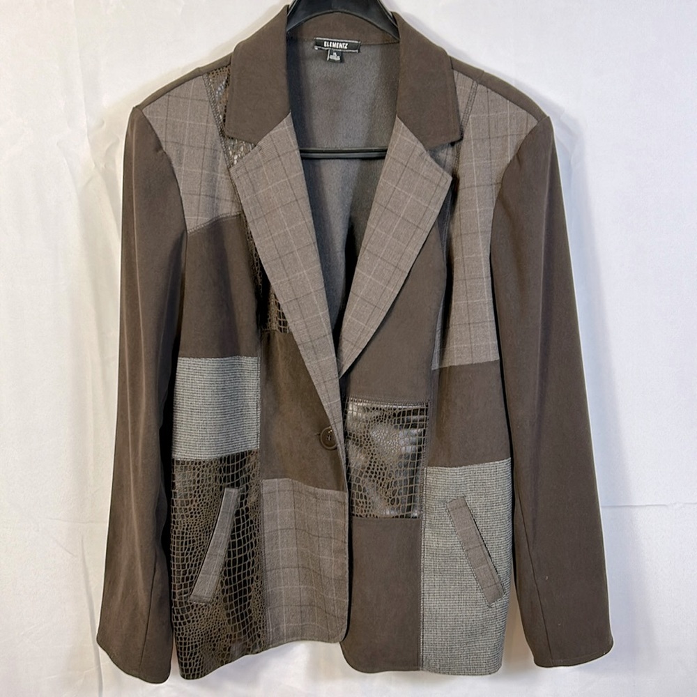 Elementz Brown Blazer Size XL One Button Closure Front Pockets Fabric Block